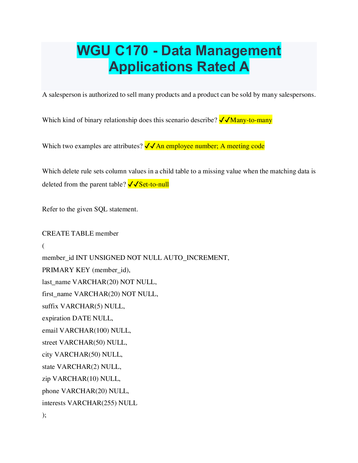 Preview of WGU C170 - Data Management Applications Rated A